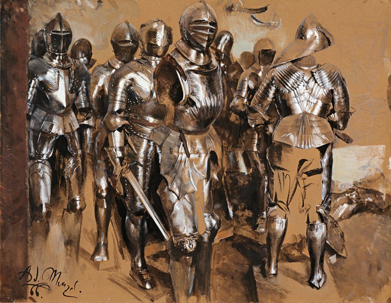 Adolf von Menzel, Stojící brnění,  č. kat. 200, 1866, kvaš s tužkou na papíře, 45 x 57, 9 cm, odhad 100 – 150 000 EUR, prodáno za 3 295 000 EUR 