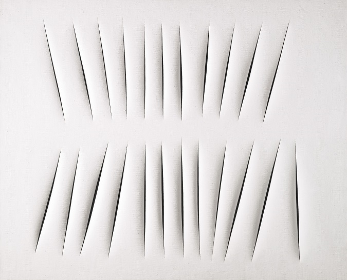 Lucio Fontana: Concetto Spaziale, Attese/ 1965 barva na plátně / 80,5 x 100 cm cena: 8 381 000 GBP/ Sotheby´s Londýn 10. 2. 2015