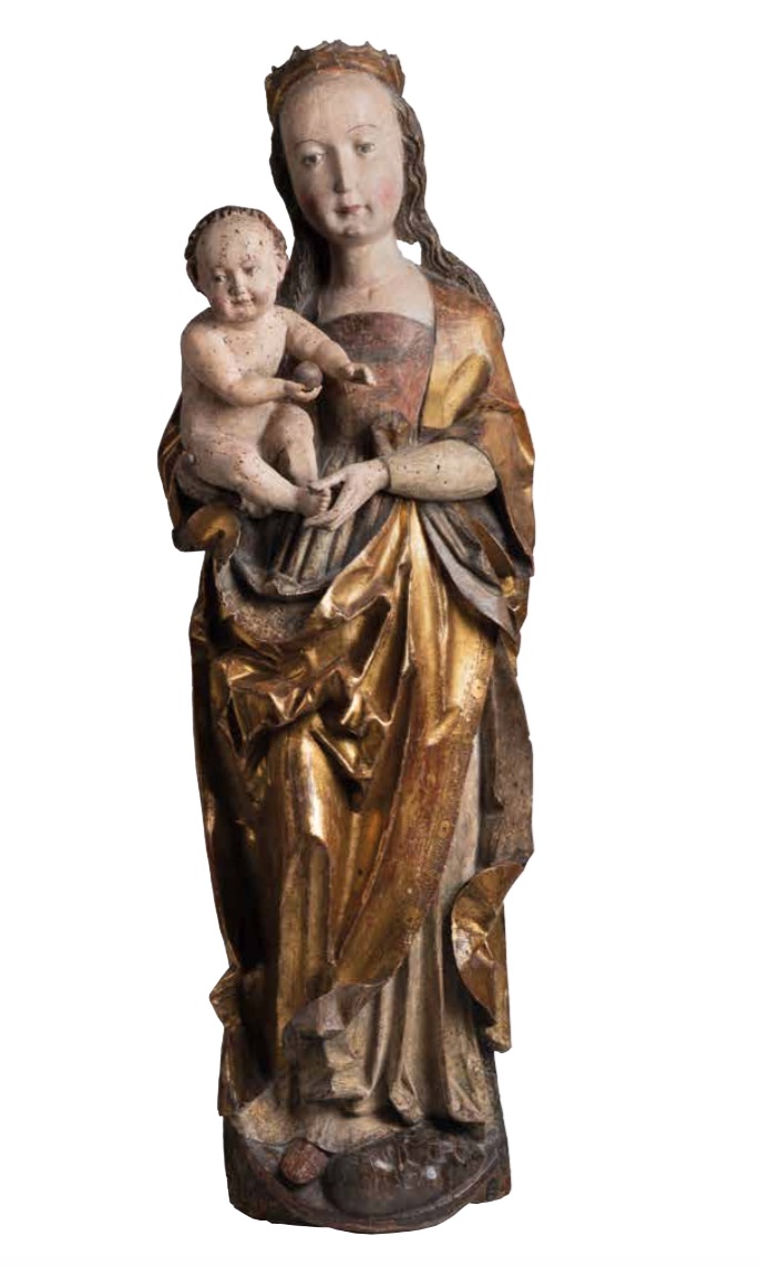 Madona, pravděpodobně západní Čechy / kol. r. 1500 polychromované a zlacené lipové dřevo výška 113 cm dosažená cena: 1 240 000 Kč Arthouse Hejtmánek 1. 12. 2016