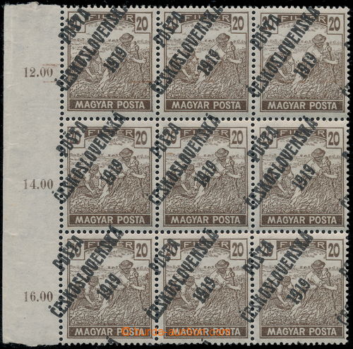 ČESKOSLOVENSKO 1919, Magyar Posta 20f s přetiskem POŠTA ČESKOSLOVENSKÁ 1919, eluzivní nepoužitý blok devíti známek ze Zlaté sbírky Ludvíka Pytlíčka; březen 2016