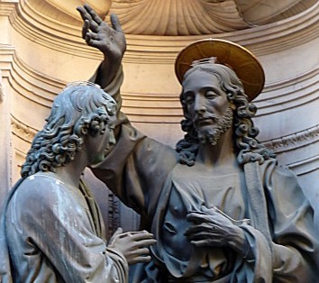 Andrea del Verrocchio: Nevěřící Tomáš, 1467-83 bronze, výška 230 cm Florencie, Orsanmichele
