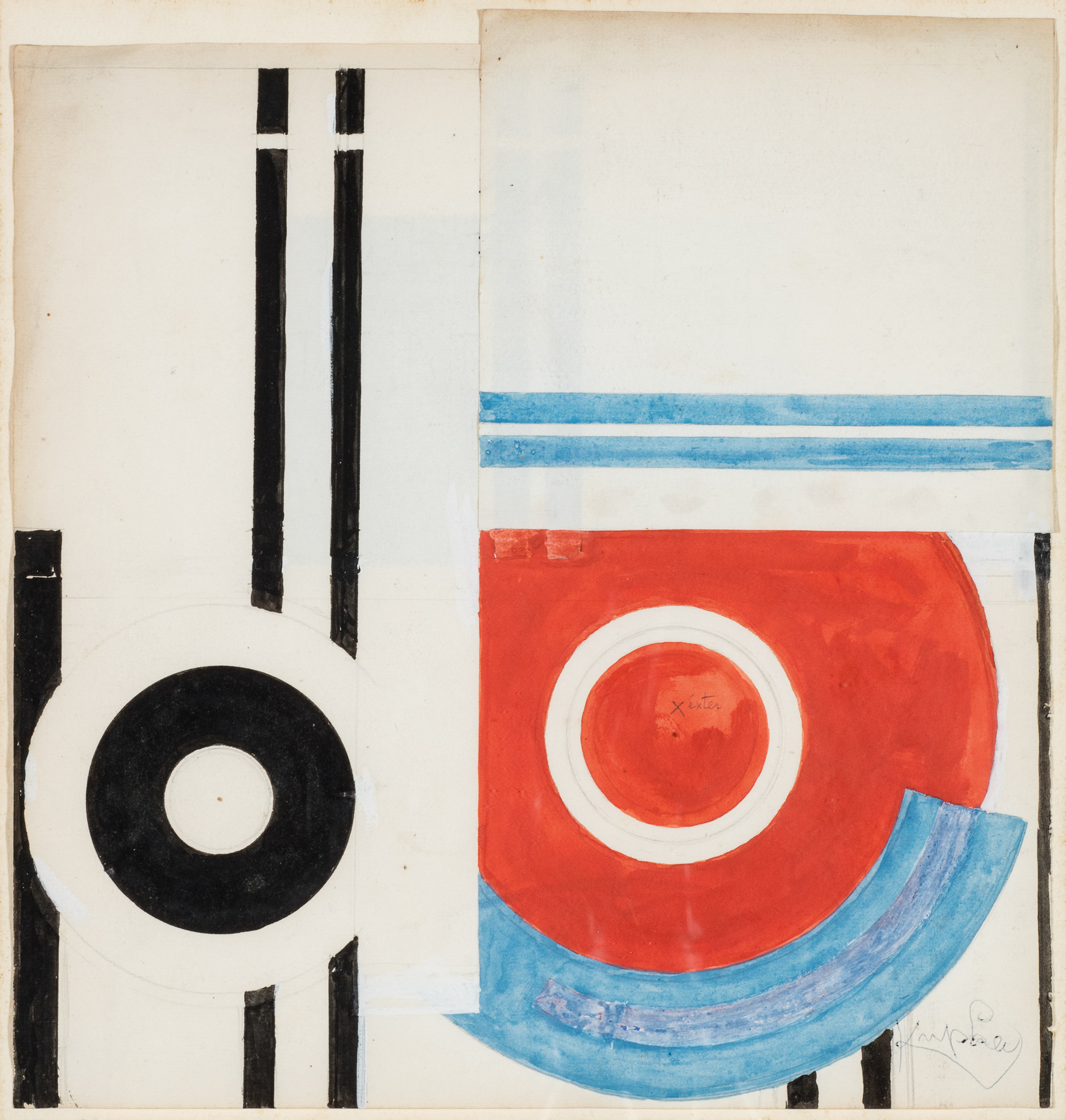 František Kupka, Disques et traits noir, 1932,  kvaš, koláž a tužka na papíře, 31,1 x 29,3 cm dosažená cena: 48 750 EUR, Minerva Auctions Řím 11. 5. 2017