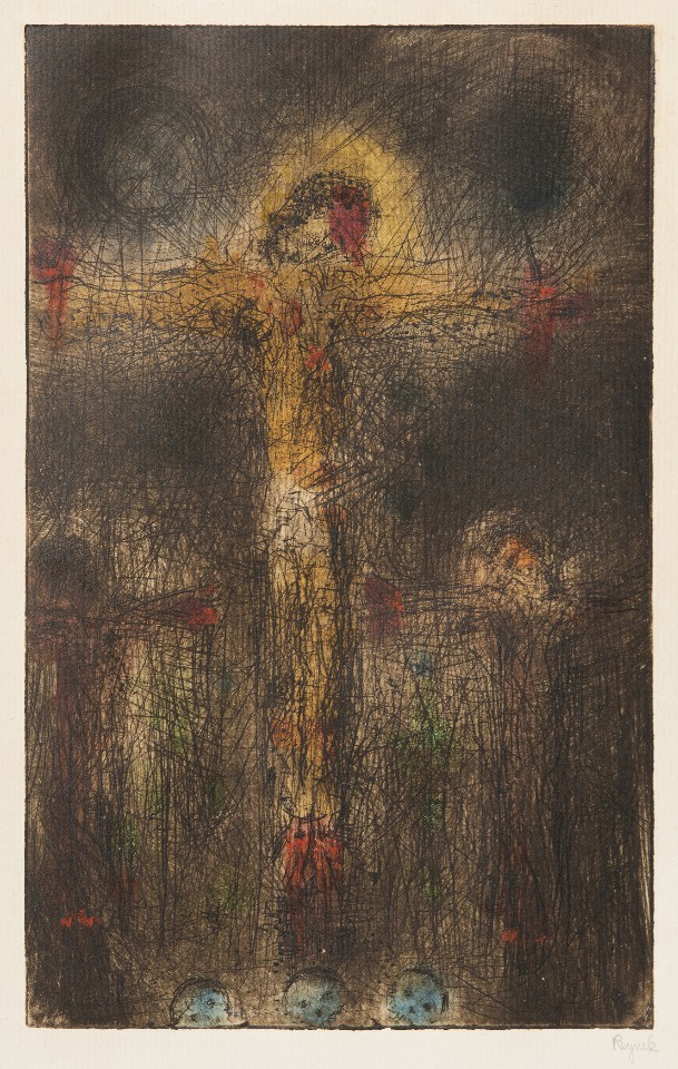 Bohuslav Reynek: Kalvárie (Ukřižování VI), 1964 suchá jehla s monotypem na papíře, 22,4 x 14 cm, vyvolávací cena: 40 000 Kč (+ 20% provize) Dorotheum 22. 9. 2018