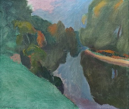 Zdeněk Sýkora: Ohře u Počedělic, 1969, olej na plátně, 51 × 60,5 cm, oboustranný obraz i rám, Aukční dům Sýpka 26. 3. 2023, vyvolávací cena: 600 000 Kč (+20% provize)