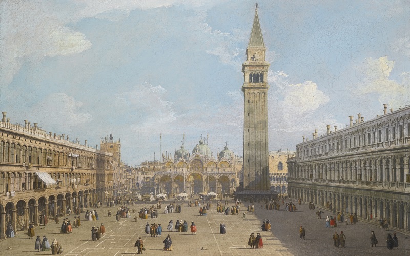 Giovanni Antonio Canal: Benátky, Náměstí sv. Marka z východu směrem k basilice / 1730 – 1740 / olej na plátně / 58,5 x 92 cm / Sotheby’s 3.12. 2014 5 – 7 milionů GBP